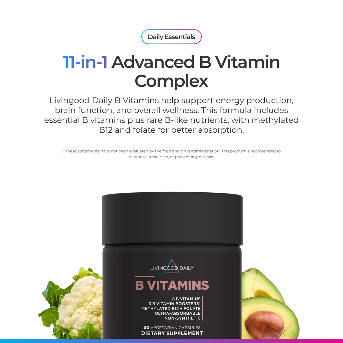 Livingood Daily Vitamin B Complex in high-quality packaging for optimal energy and brain function. Available at Curat Cart.