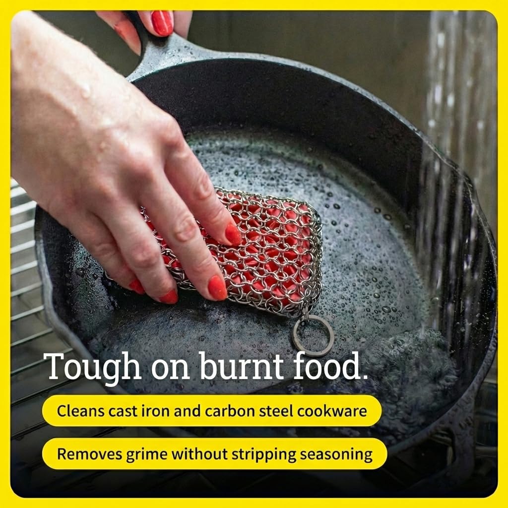 Lodge Chainmail Scrubbing Pad effectively cleans cast iron cookware, ensuring 100% authentic quality available at Curat Cart.