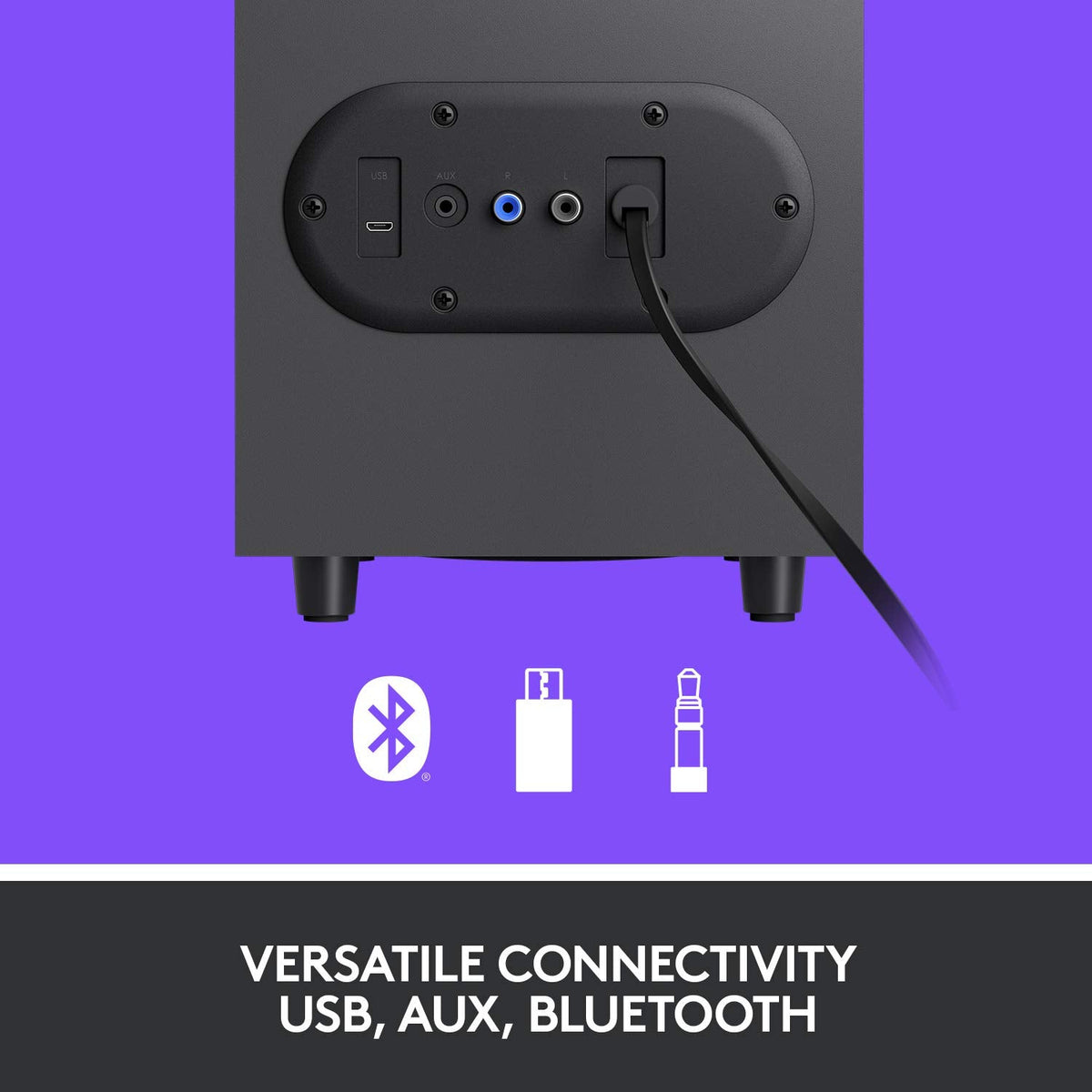 Logitech Z407 Bluetooth Speakers showcasing versatile connectivity options: USB, AUX, and Bluetooth for easy use.