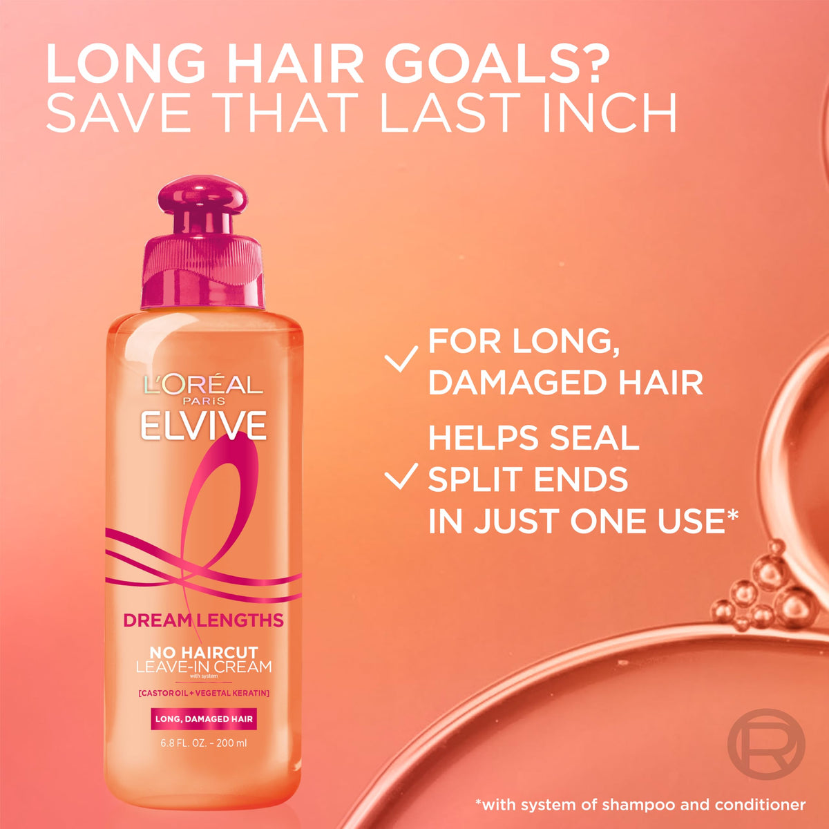 L'Oreal Elvive Dream Lengths Conditioner in original packaging, promoting care for long, damaged hair and split ends.