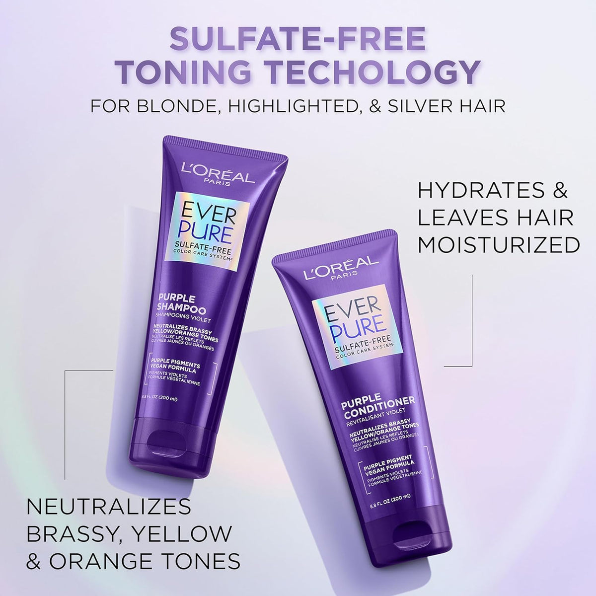 Premium imported L’Oreal Paris Purple Shampoo hydrates and neutralizes brassy tones for blonde, highlighted, and silver hair.