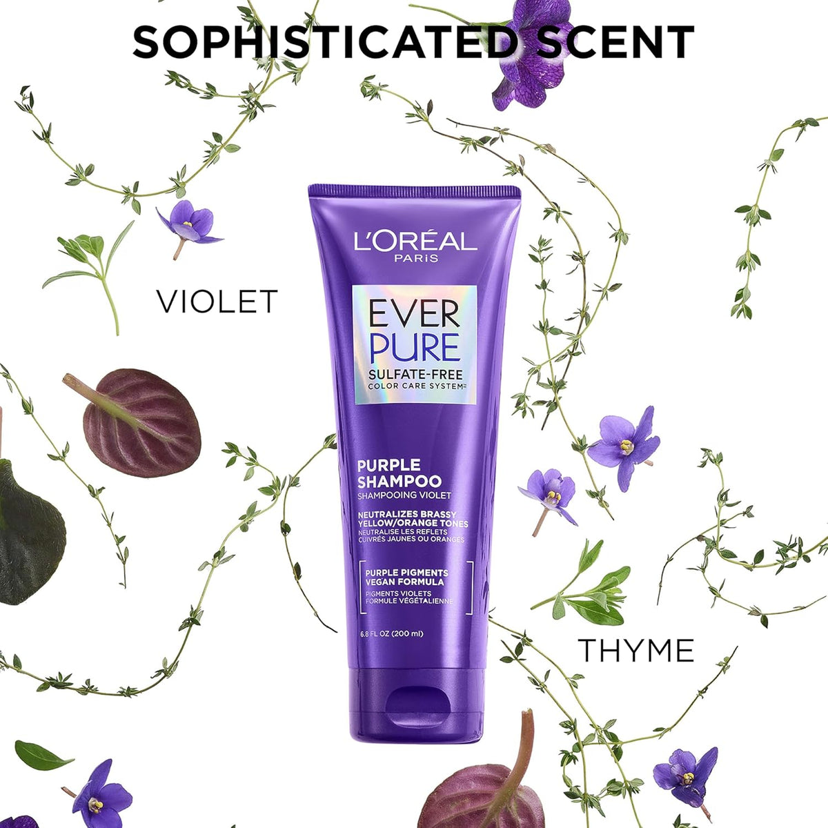 L'Oreal Paris EverPure Purple Shampoo tube with violet and thyme accents, promoting vibrant, sulfate-free hair care.