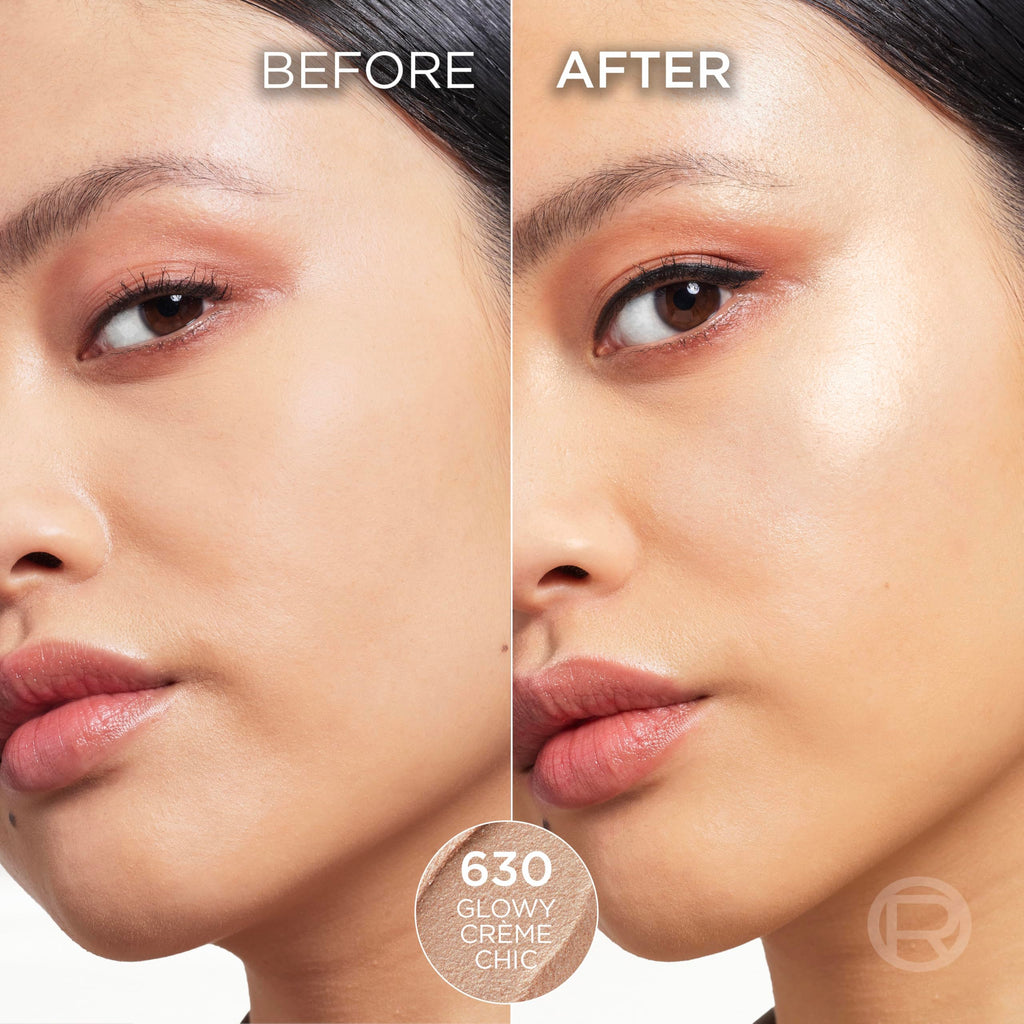 L'Oreal Paris True Match Lumi Le Glass H showcases a luminous glow, with 630 Glowy Crème Chic on model's skin.