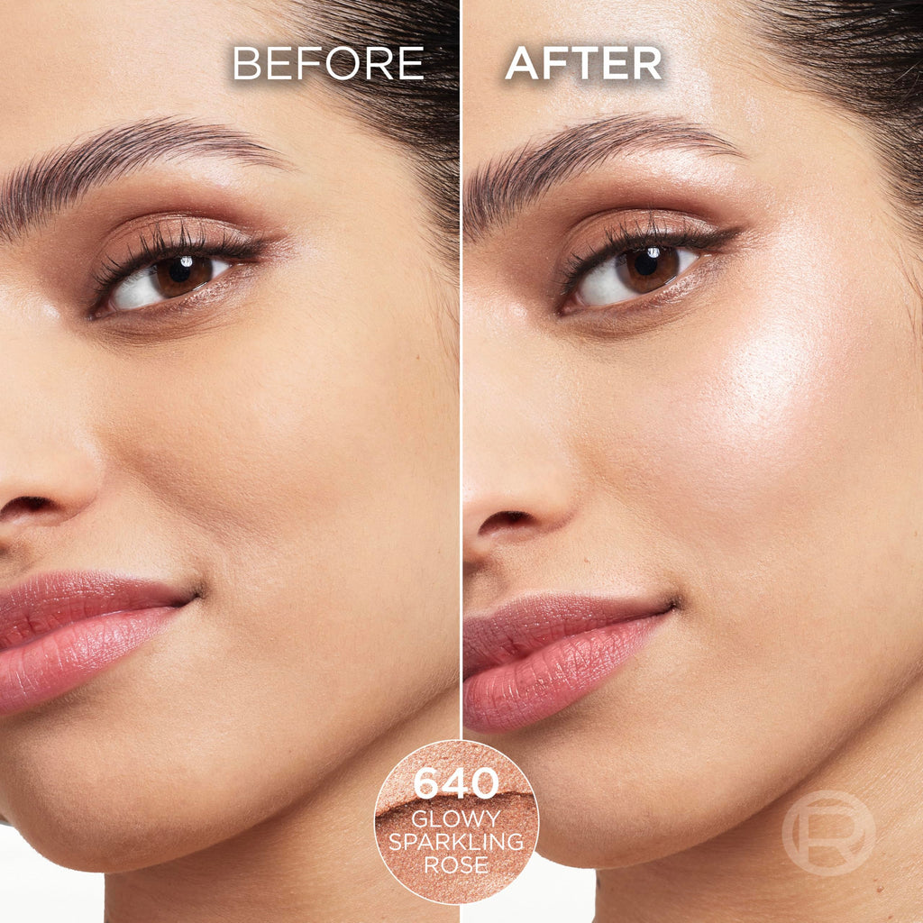 Image shows before and after of L'Oreal Paris True Match Lumi Le Glass H. Enhances skin with a glowy, sparkling rose finish.