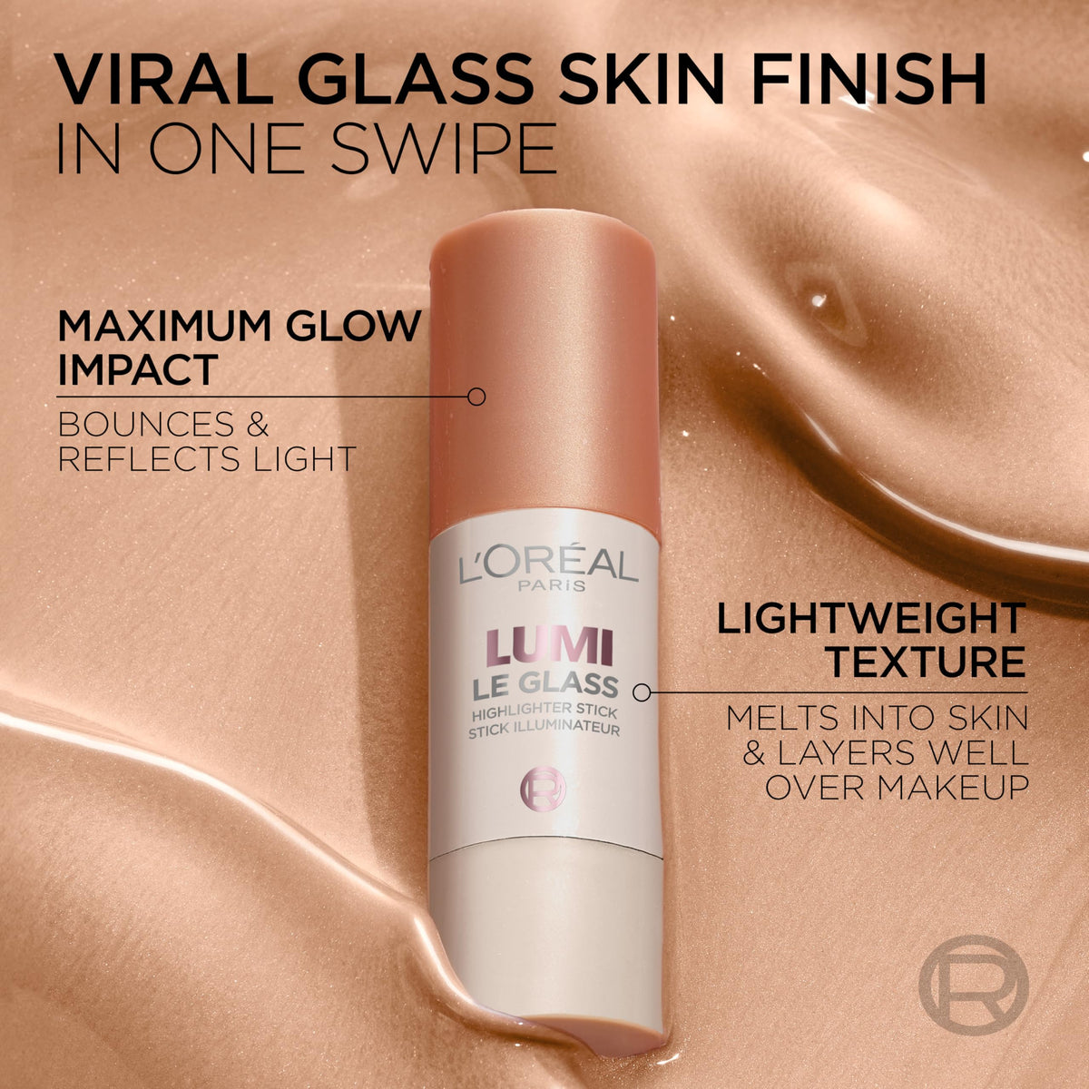 L'Oreal Paris True Match Lumi Le Glass; a highlighter stick for maximum glow impact, lightweight texture melts into skin.