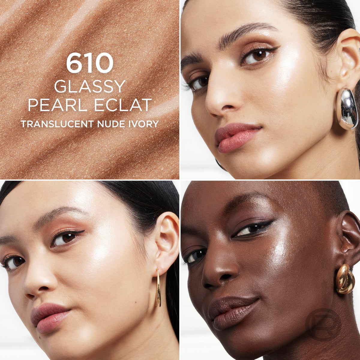 L'Oreal Paris True Match Lumi Le Glass H showcases three diverse models wearing the translucent nude ivory shade, highlighting its radiant finish.