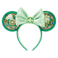 Explore the genuine Loungefly Disney Princess stained glass headband featuring elegant green ears and a satin bow.