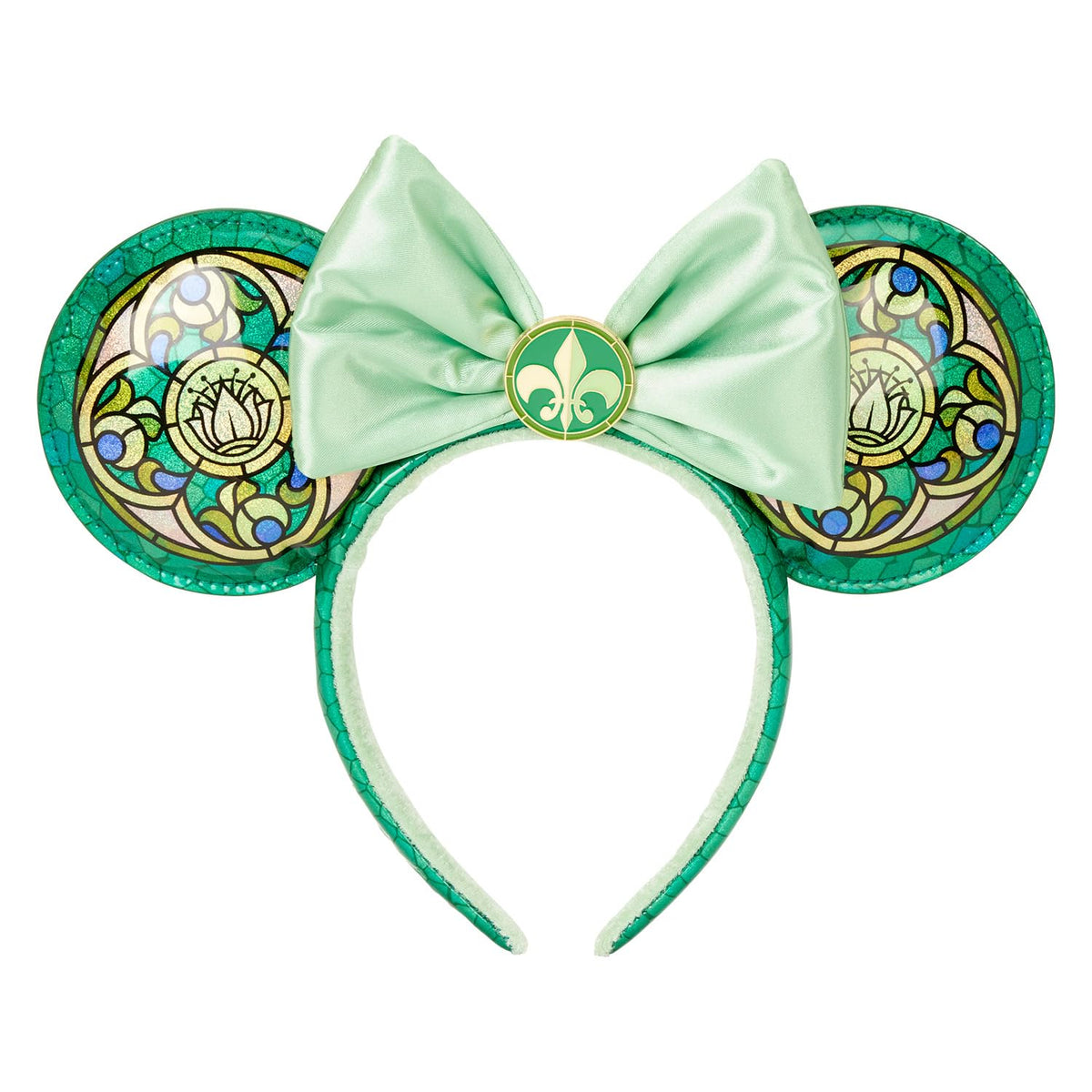 Explore the genuine Loungefly Disney Princess stained glass headband featuring elegant green ears and a satin bow.