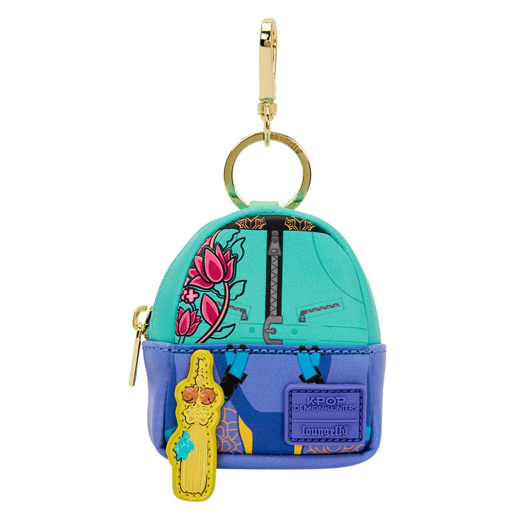 Vibrant Loungefly mini backpack featuring KPop demon hunter design, complete with charm and keyring, verified by CuratCart.
