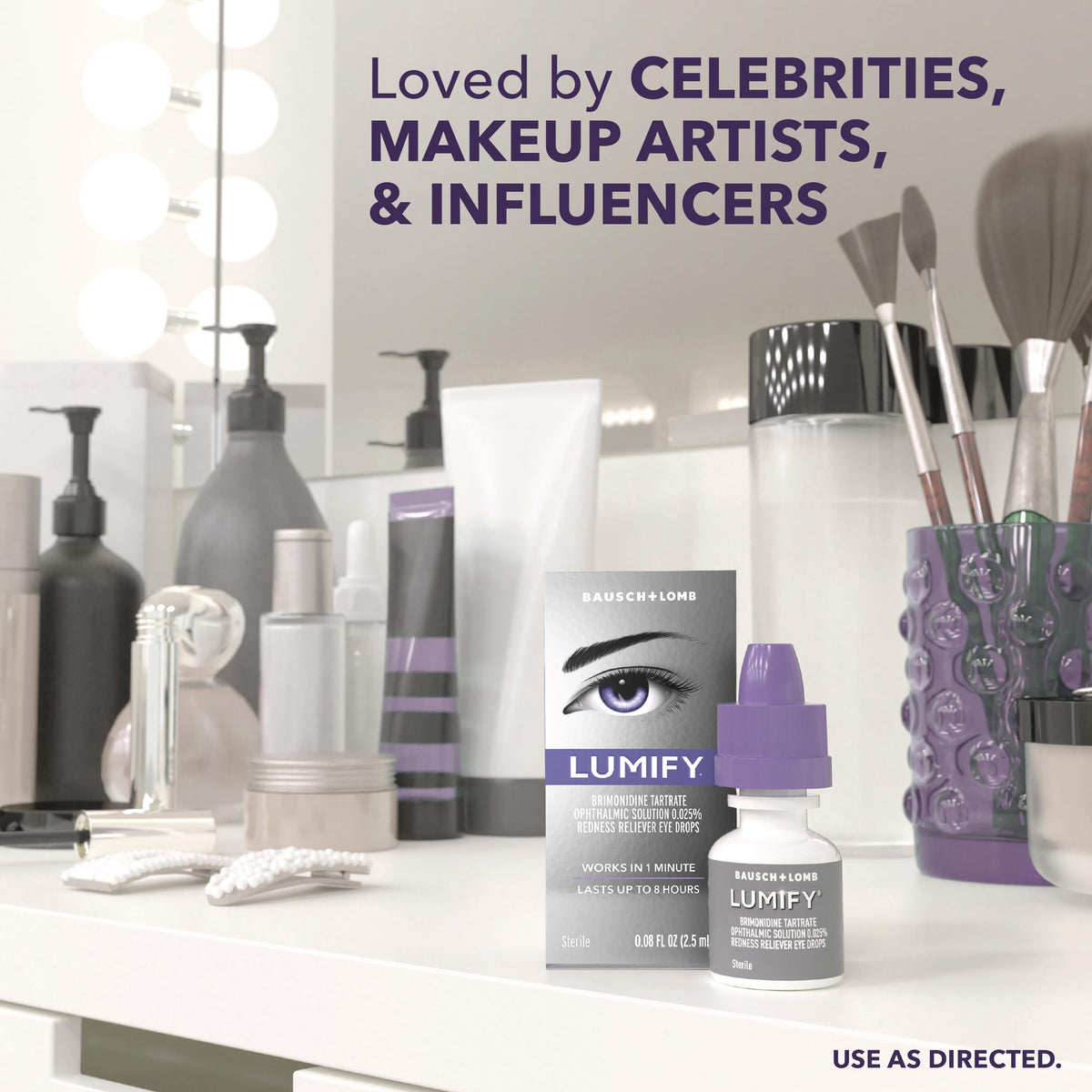 Lumify Redness Relief Eye Drops in official packaging, renowned for quick relief and loved by celebrities. Available at Curat Cart.
