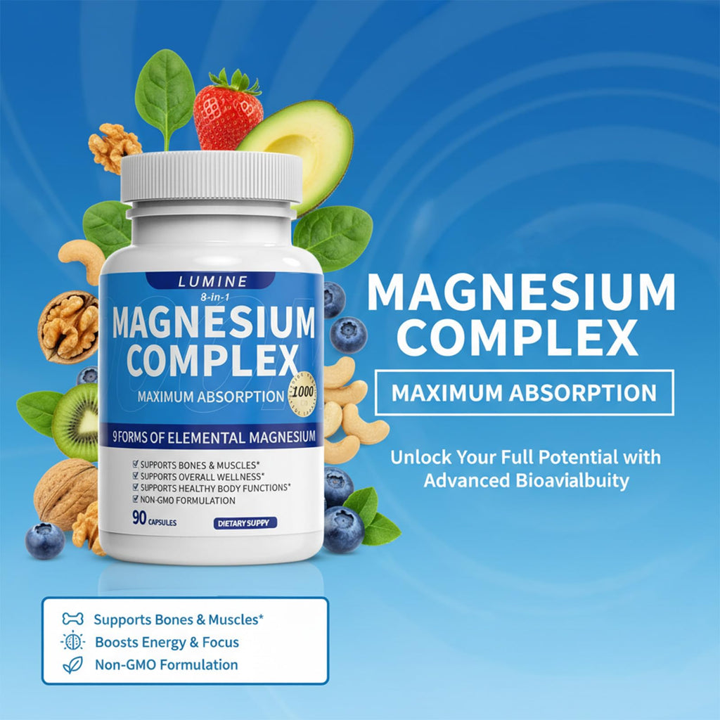 Lumine Magnesium Complex Supplement, specially curated by Curat Cart, supports energy and muscle health with maximum absorption.