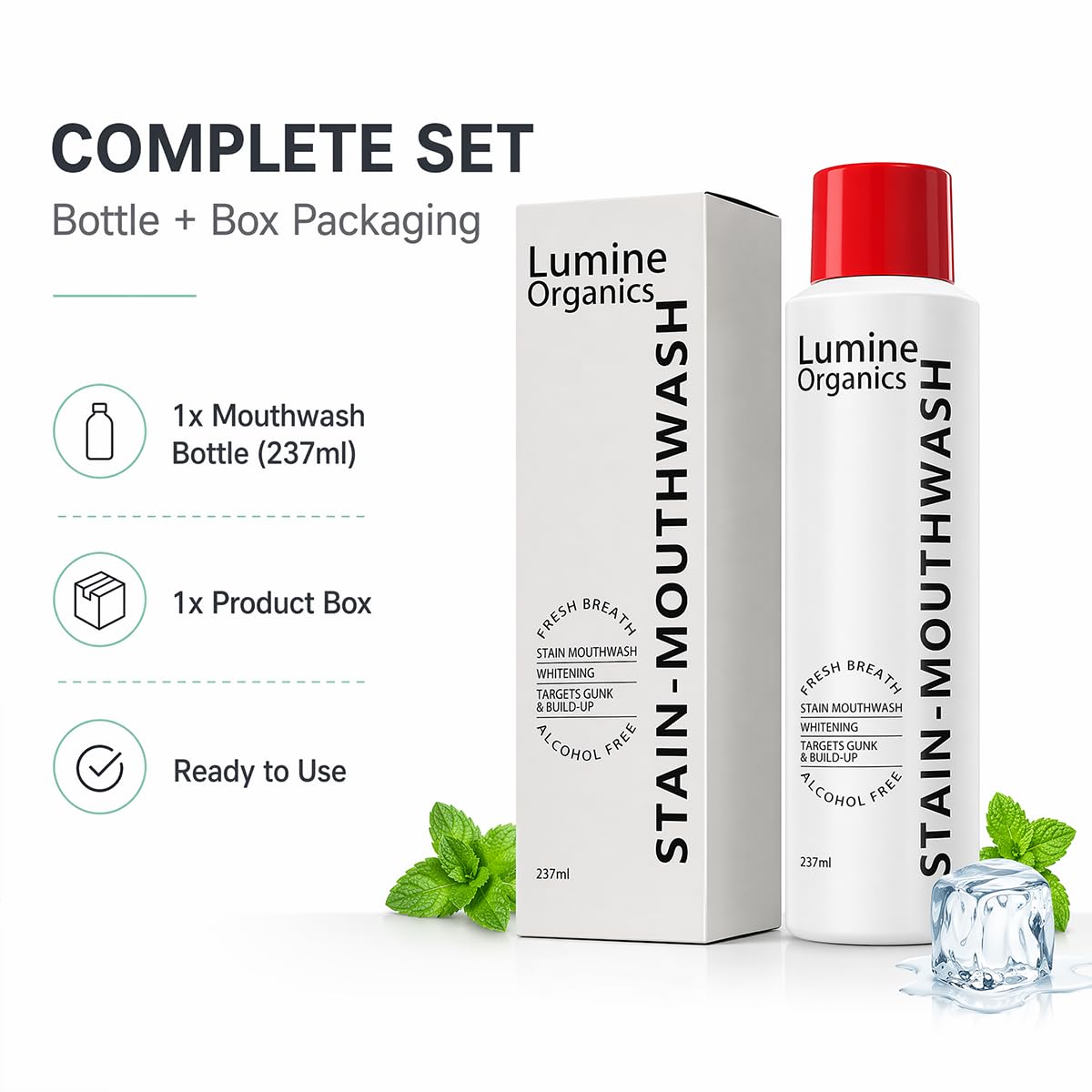 Lumine Organics Whitening Mouthwash, 100% Authentic, available in India at Curat Cart. Fresh breath, stain-free, ready to use.