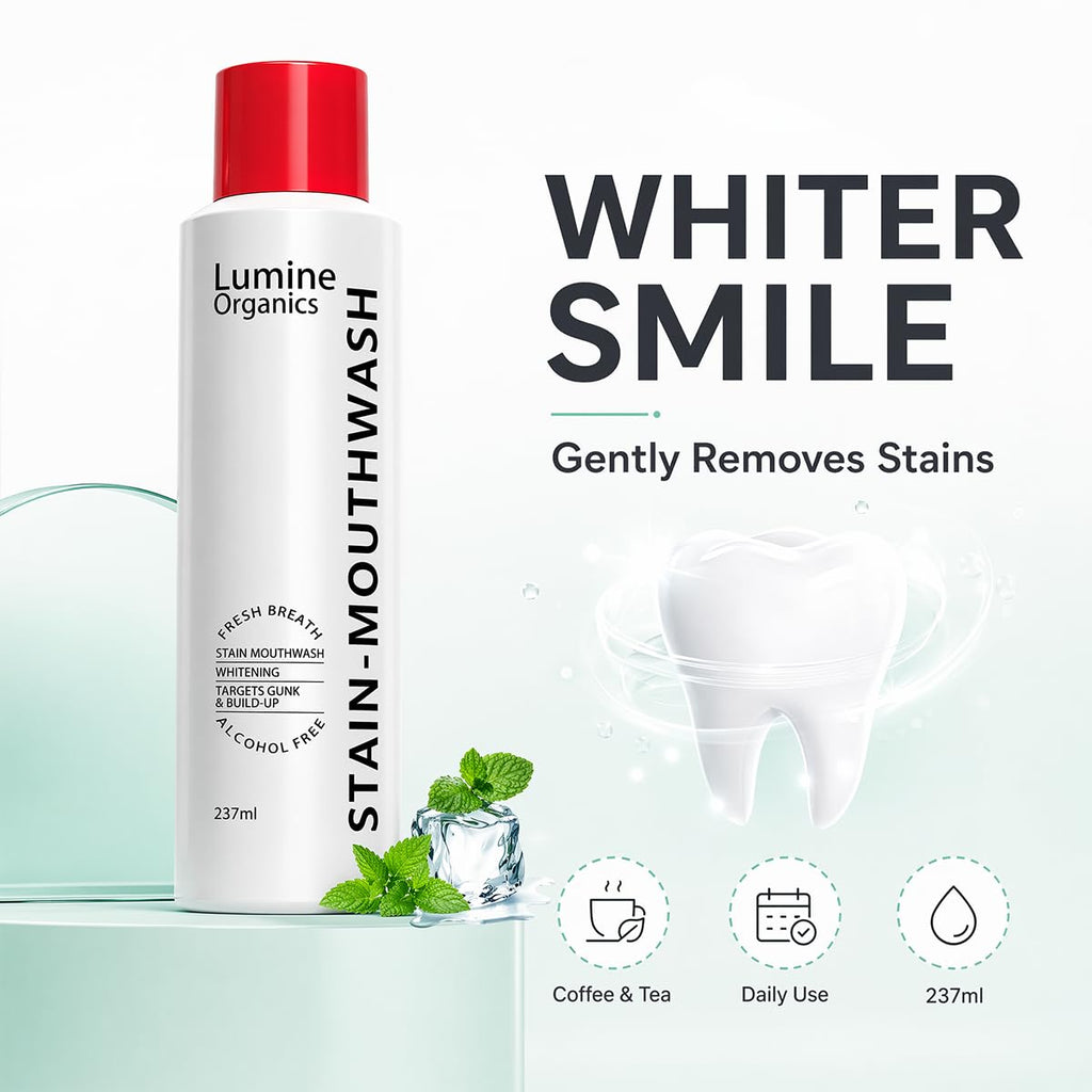 Lumine Organics Whitening Mouthwash in high-quality packaging, designed for fresh breath and stain removal. Available at Curat Cart.