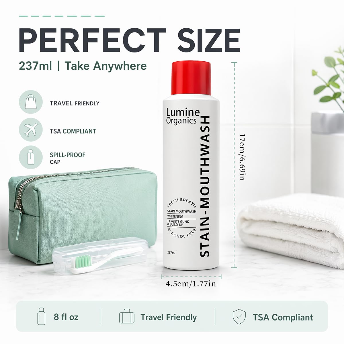 Lumine Organics Whitening Mouthwash in 237ml size, perfect for daily use. Available at Curat Cart for fresh breath anytime.