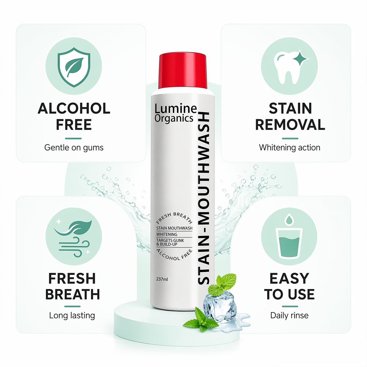 Discover Lumine Organics Whitening Mouthwash, specially curated by Curat Cart for fresh breath and effective stain removal.