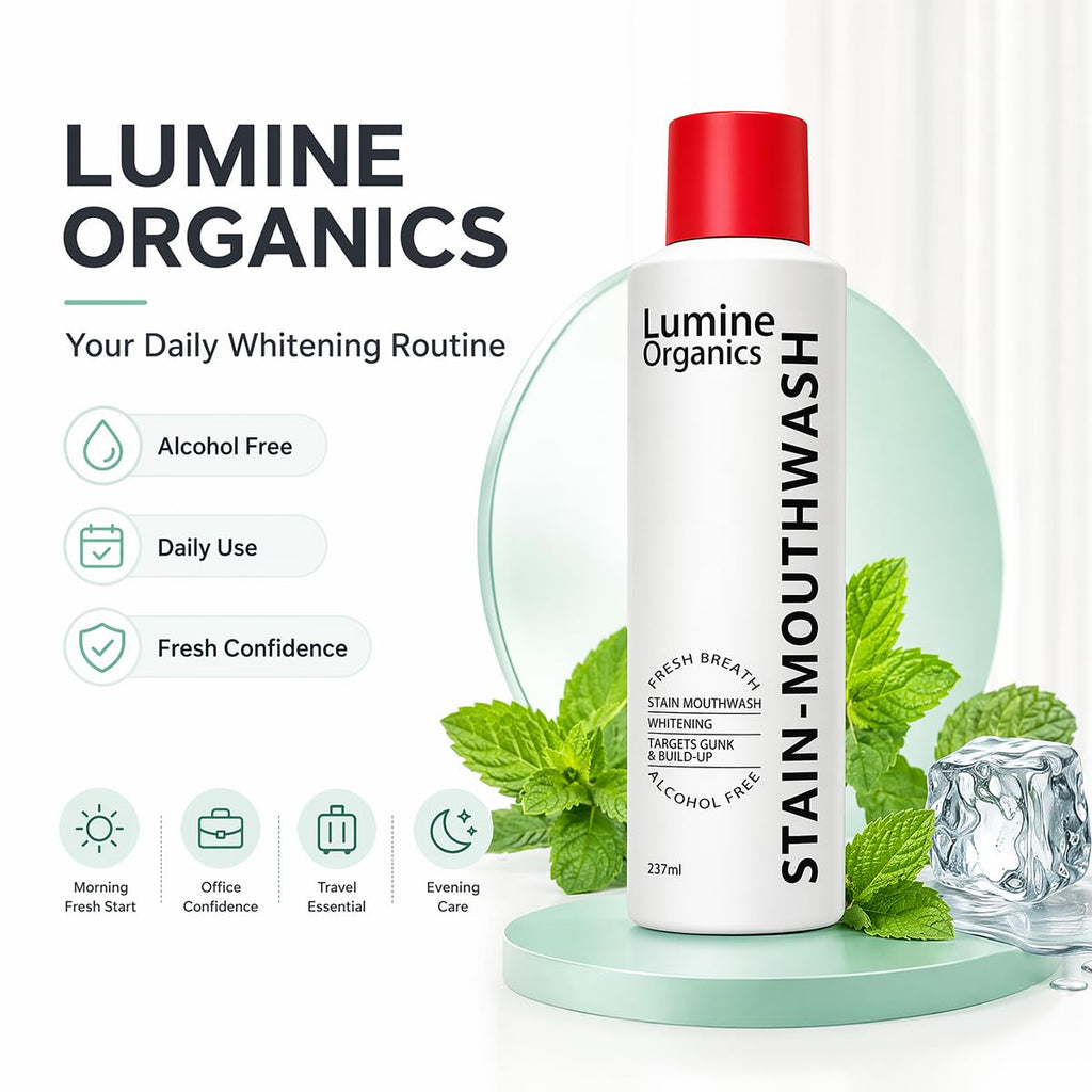 Lumine Organics Whitening Mouthwash offers fresh breath and stain removal, 100% Authentic, available in India at Curat Cart.