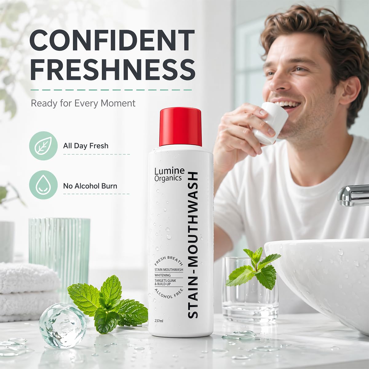 Lumine Organics Whitening Mouthwash offers premium imported freshness without alcohol burn. Available at Curat Cart for all-day confidence.