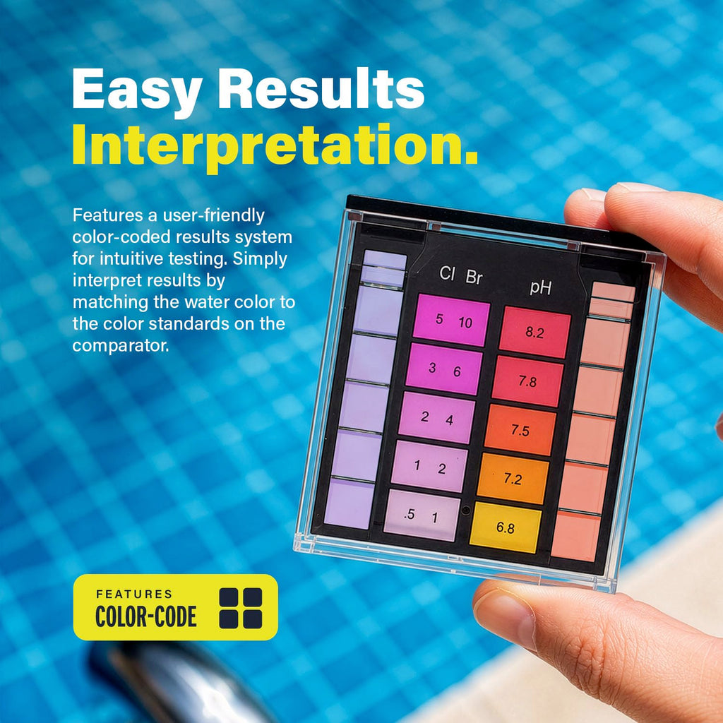 Discover easy results interpretation with the Lupo Pool Test Kit, exclusively curated by Curat Cart for precise water quality testing.