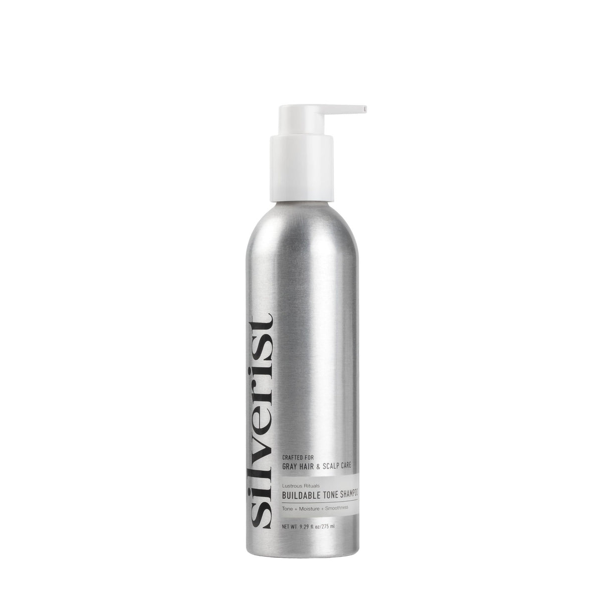 Lustrous Rituals Buildable Tone Shampoo in a sleek silver bottle, a premium import available at Curat Cart for optimal hair care.