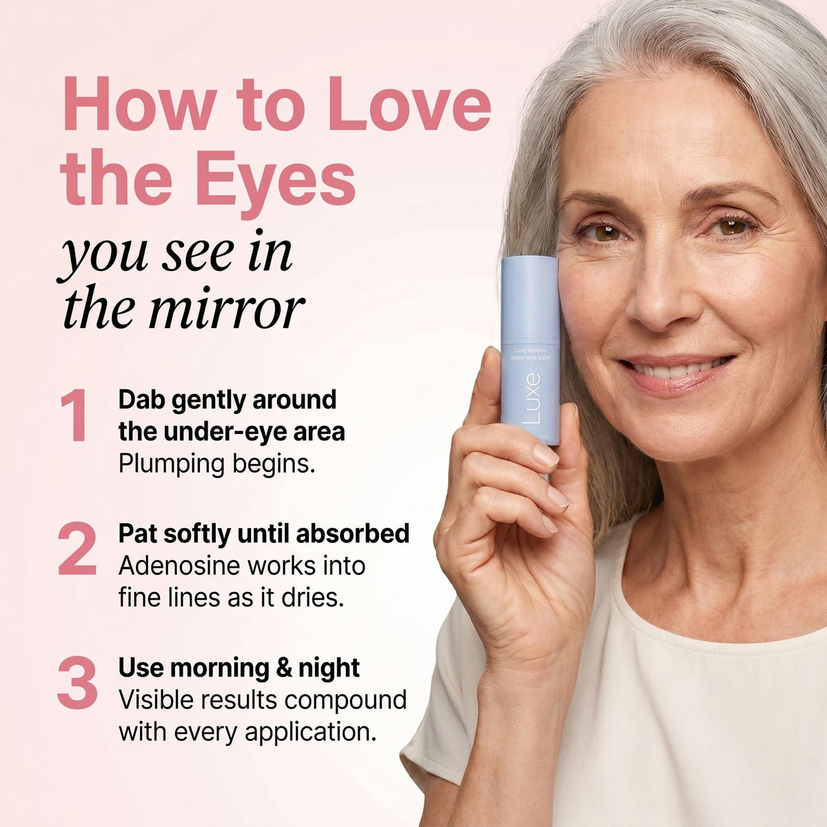 Luxe Korean Under Eye Balm shows effective application tips. 100% Authentic, available at Curat Cart in India.