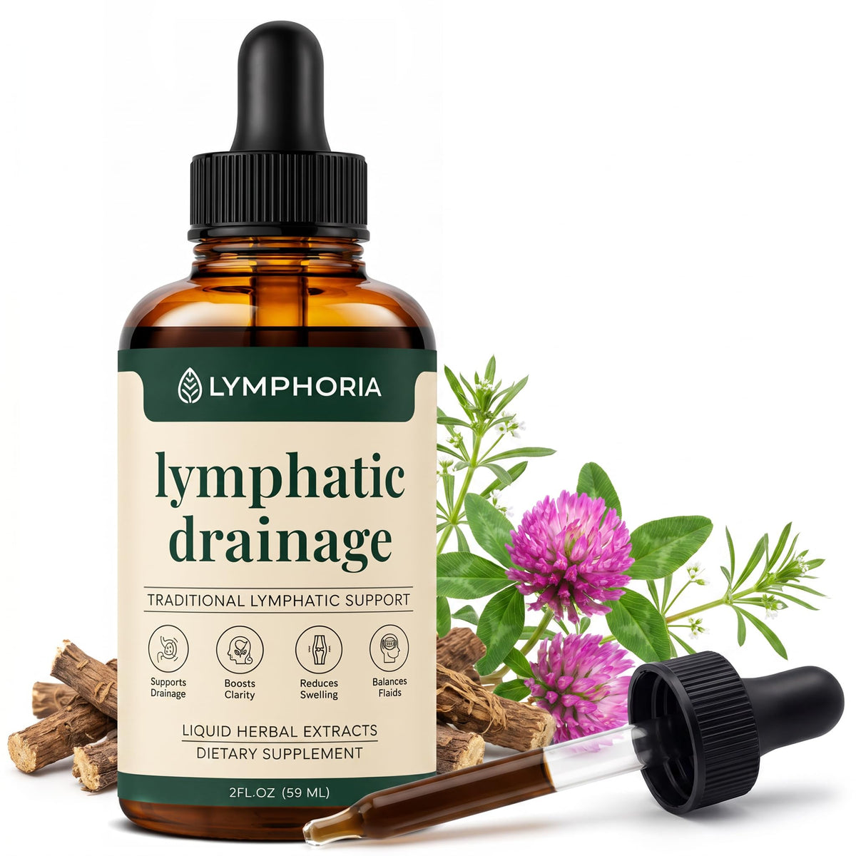 Premium imported lymphatic drainage drops for bloat relief, featuring herbal extracts for natural wellness.