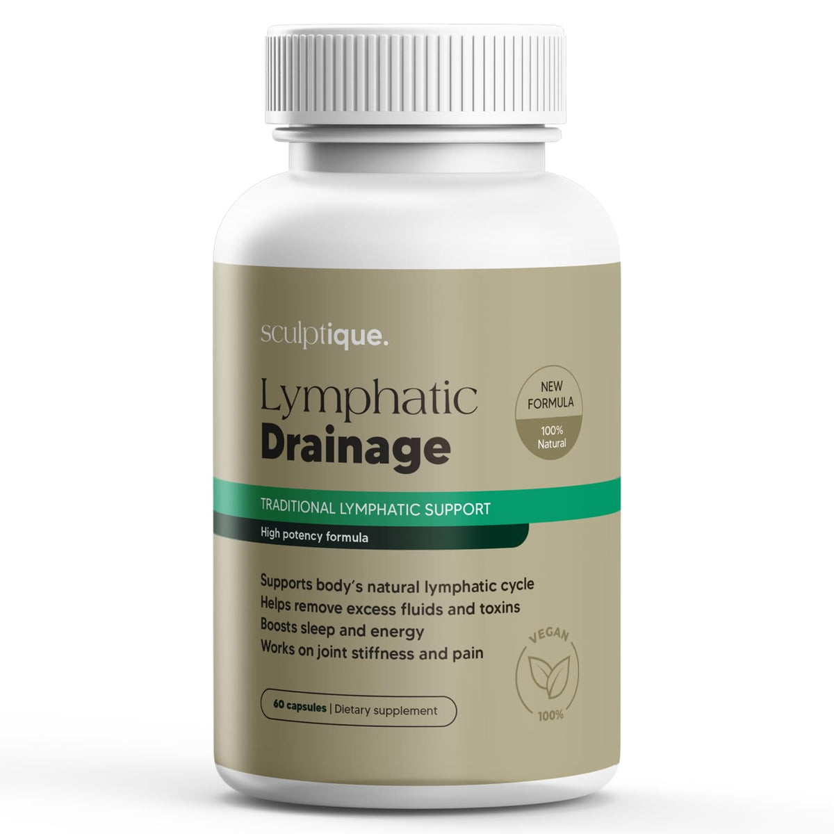 Sculptique Lymphatic Drainage capsules in a sleek bottle, promoting detox and energy. 100% natural and vegan.