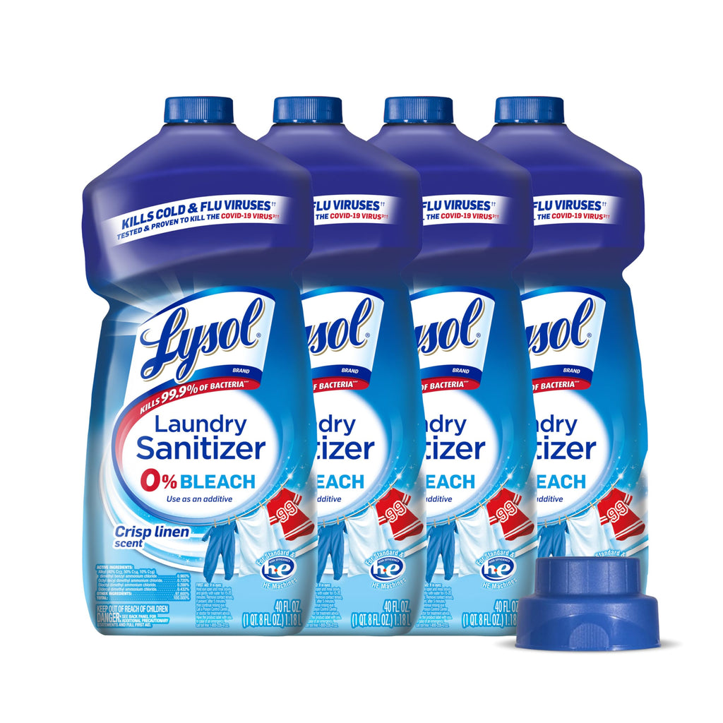 Premium imported Lysol Laundry Sanitizer liquid in crisp linen scent, kills 99.9% of bacteria. Available at Curat Cart.