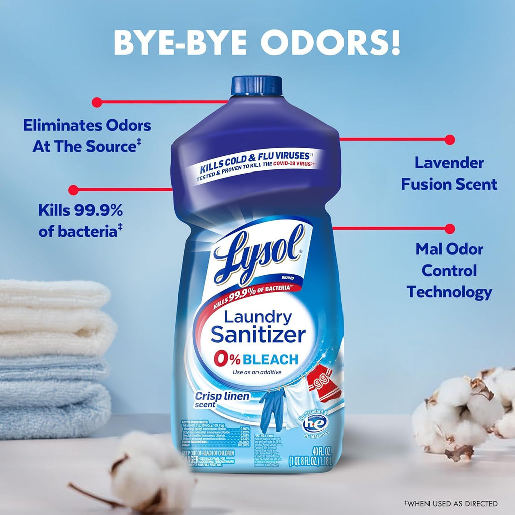 Lysol Laundry Sanitizer Liquid eliminates odors and kills 99.9% of bacteria. Available in India at Curat Cart for a fresh laundry experience.