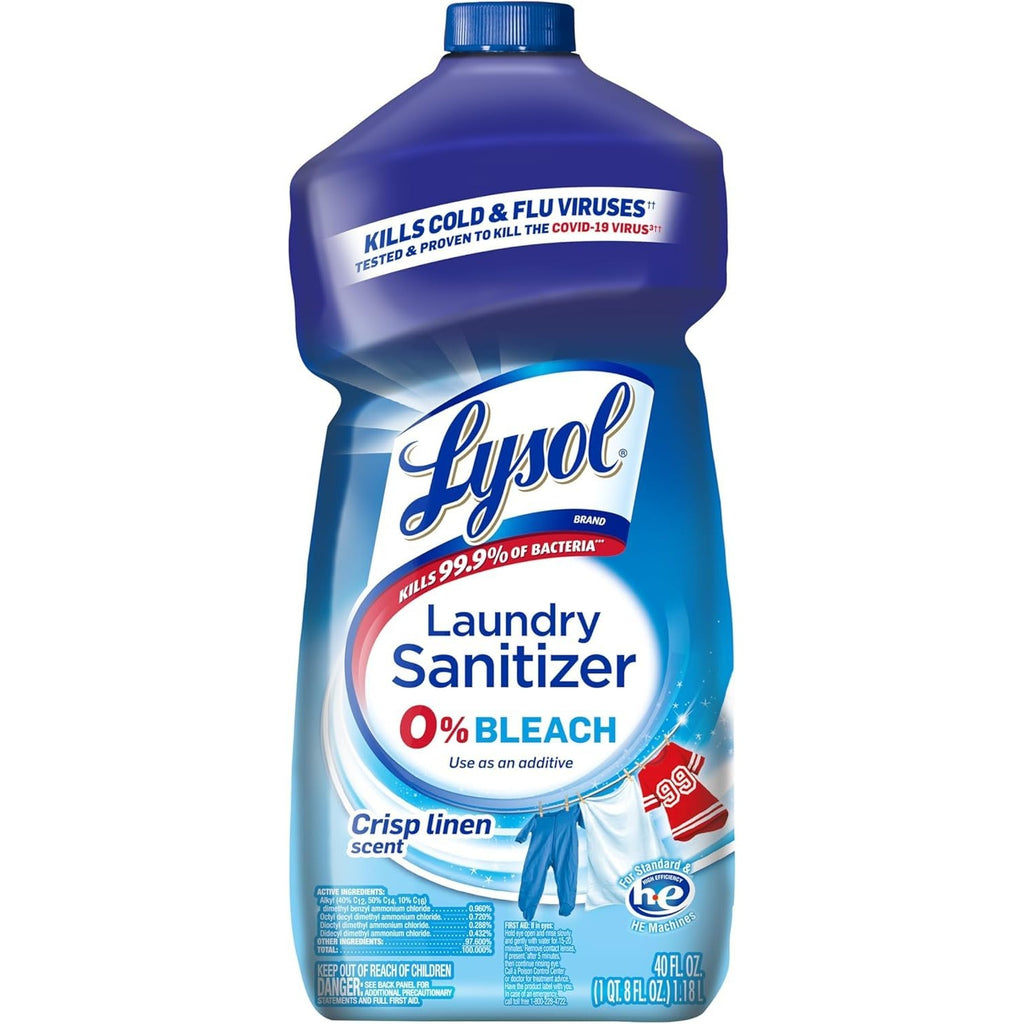 Lysol Laundry Sanitizer Liquid in official packaging, kills 99.9% of bacteria with a crisp linen scent. Available at Curat Cart.