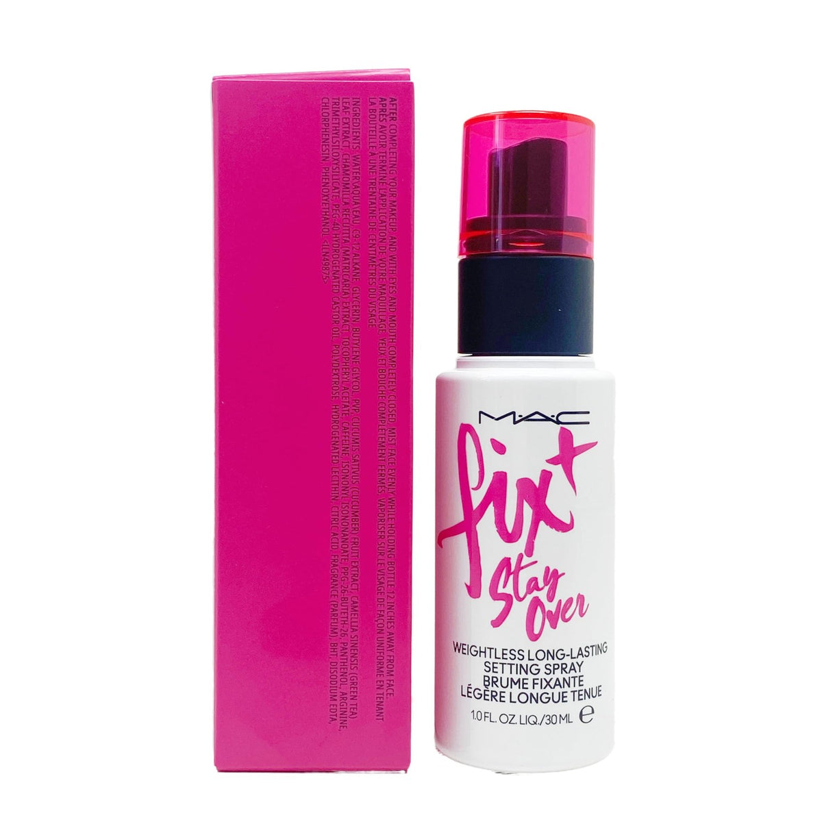 Authentic MAC Fix Plus Stay Over Setting Spray in box, offers weightless, long-lasting makeup setting.