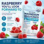 Magnesium Bisglycinate Gummies in official packaging, featuring raspberry flavor for high absorption and vegan-friendly benefits. Curat Cart.