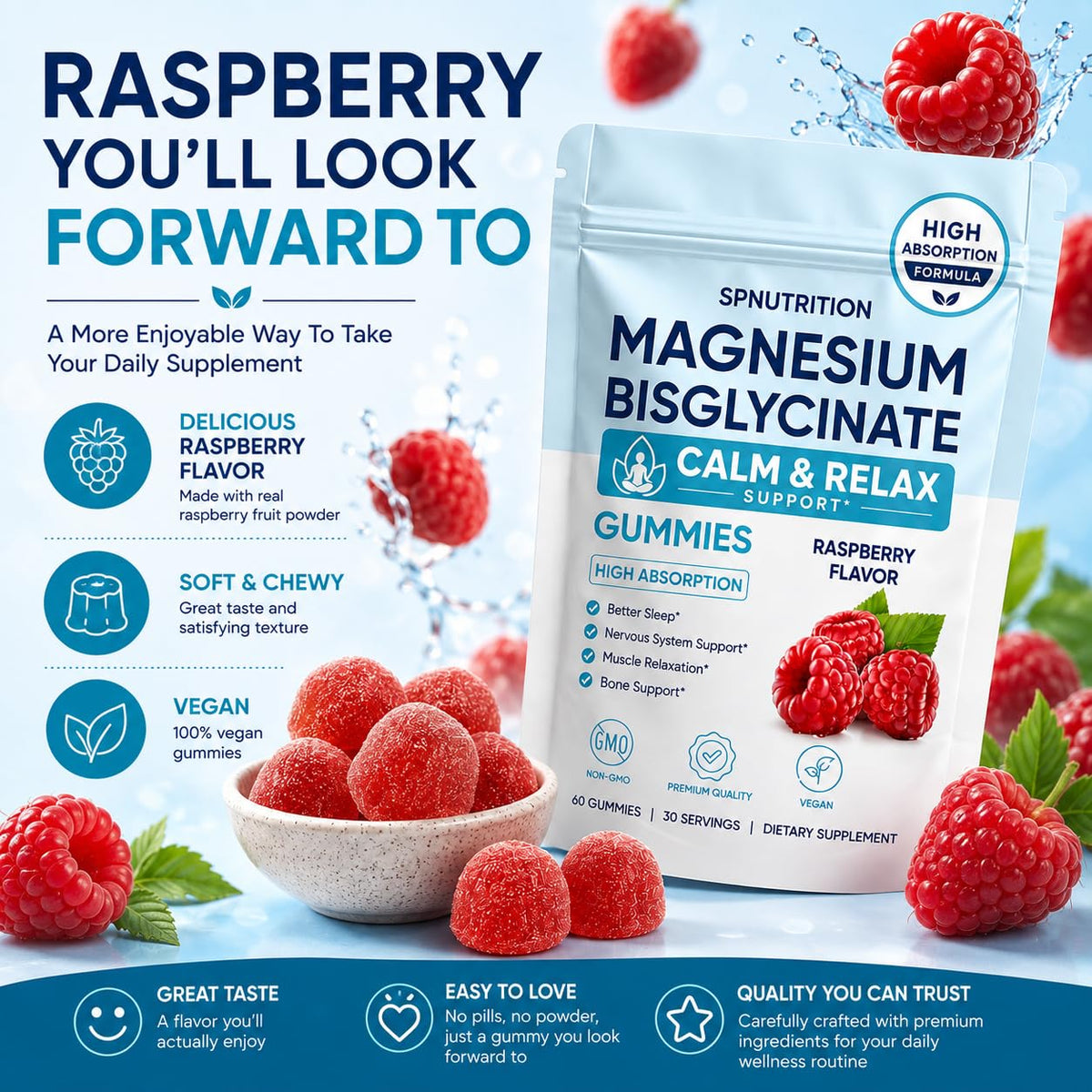 Magnesium Bisglycinate Gummies in official packaging, featuring raspberry flavor for high absorption and vegan-friendly benefits. Curat Cart.