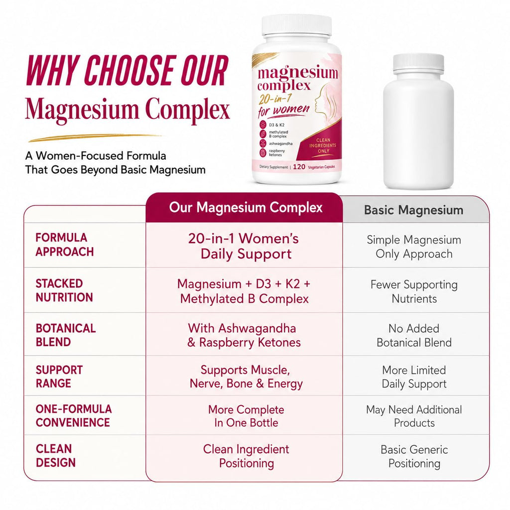 Premium Magnesium Complex for Women in official packaging, offering 20-in-1 daily support. Available at Curat Cart.