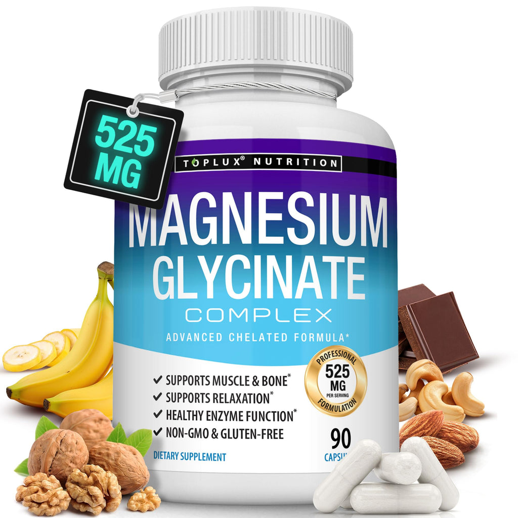 Premium import Magnesium Glycinate Supplement by Tôplux Nutrition enhances muscle support, relaxation, and enzyme function. Available at Curat Cart.