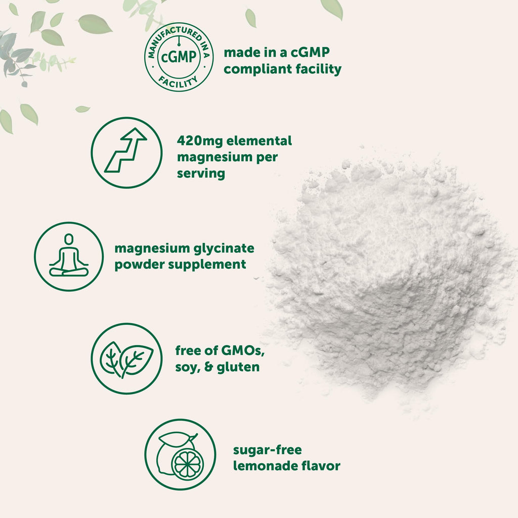Premium magnesium glycinate powder supplement in official packaging, offering 420mg elemental magnesium per serving. Buy from Curat Cart.