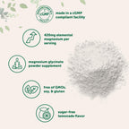 Premium magnesium glycinate powder supplement in official packaging, offering 420mg elemental magnesium per serving. Buy from Curat Cart.