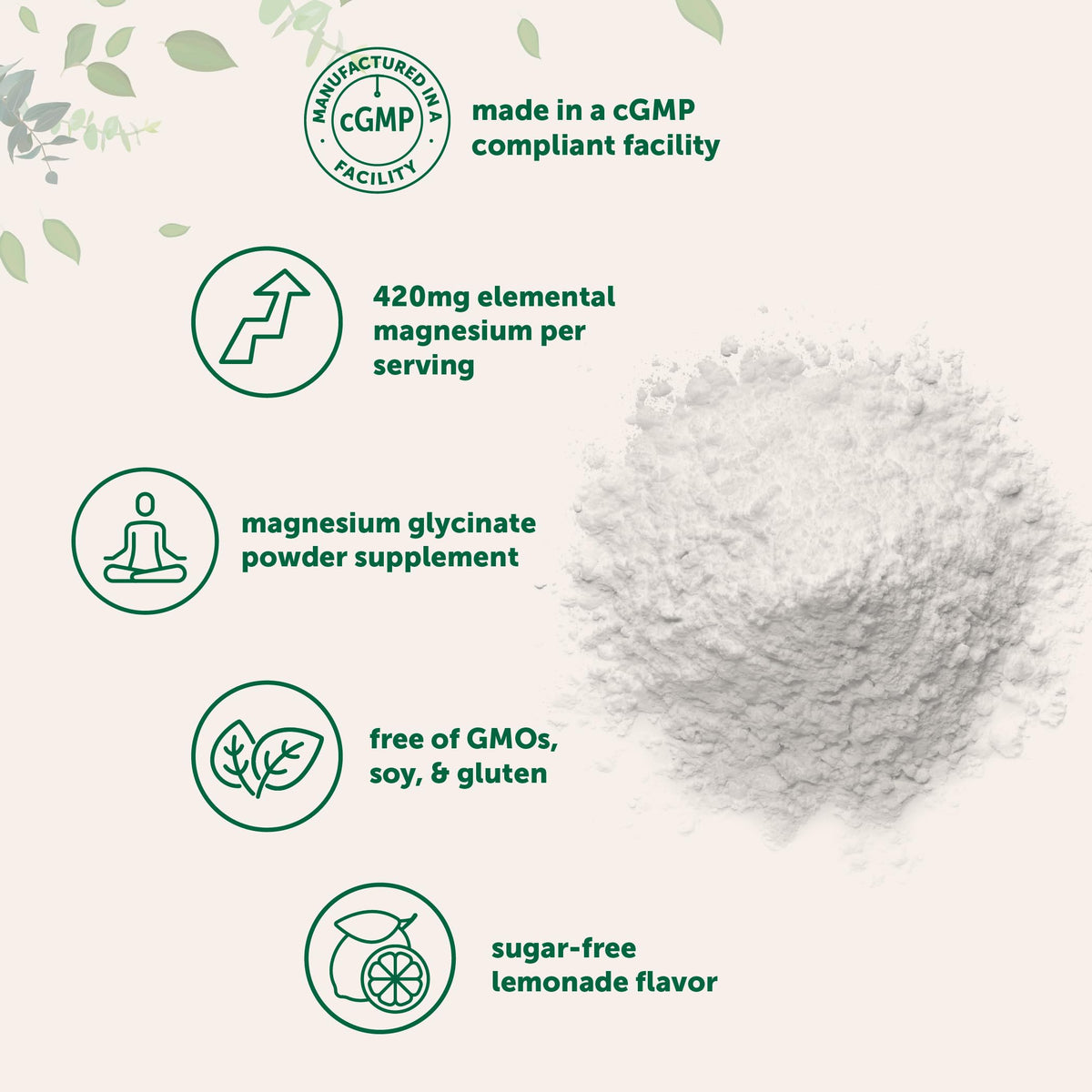 Premium magnesium glycinate powder supplement in official packaging, offering 420mg elemental magnesium per serving. Buy from Curat Cart.