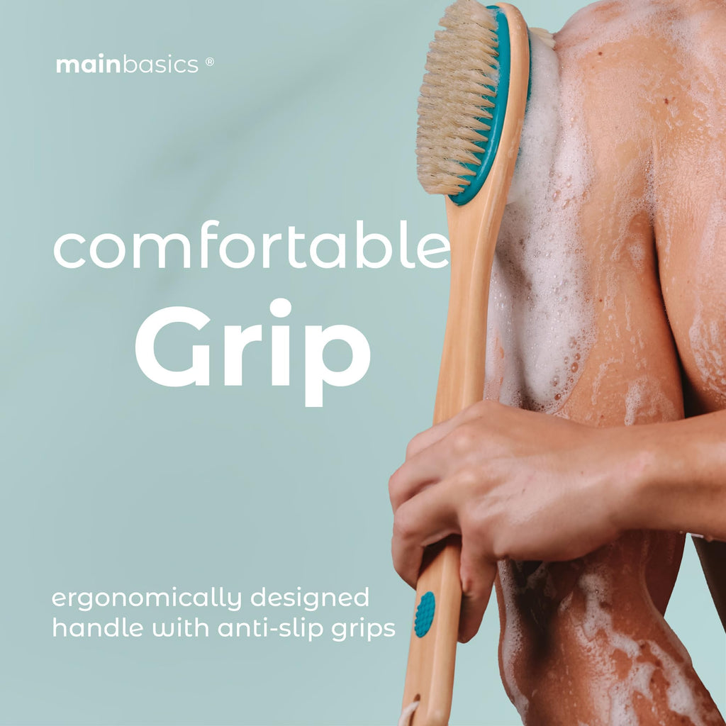 MainBasics Back Scrubber Shower Brush features an ergonomic handle with anti-slip grips for comfortable use. Designed for premium bathing.