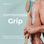 MainBasics Back Scrubber Shower Brush features an ergonomic handle with anti-slip grips for comfortable use. Designed for premium bathing.
