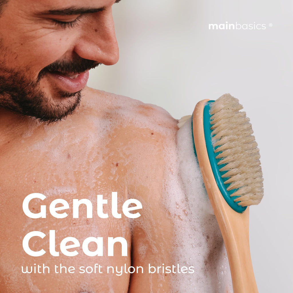 Experience a gentle clean with MainBasics Back Scrubber. Authentic soft nylon bristles for effective exfoliation and comfort.