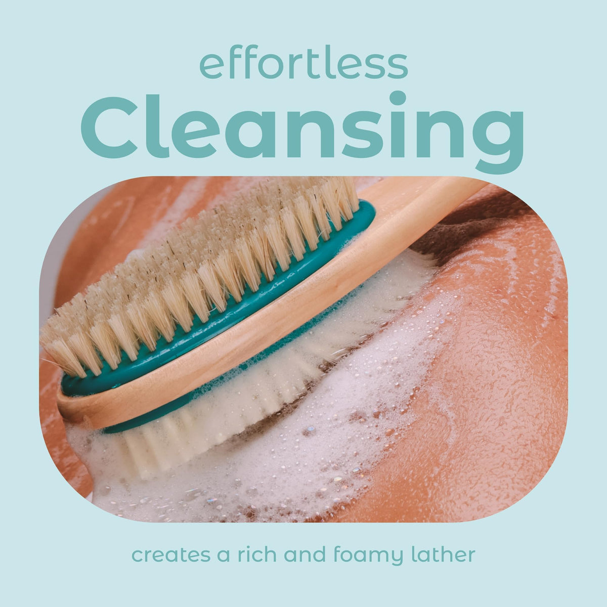 Original MainBasics Back Scrubber Shower Brush showcases a wooden handle with soft bristles, creating rich, foamy lather for effortless cleansing.