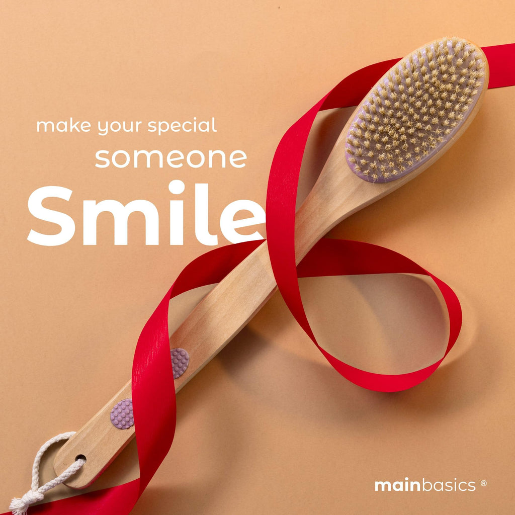 MainBasics Back Scrubber Shower Brush made of natural wood, with soft silicone bristles; Gift-ready with a red ribbon. Verified by CuratCart.