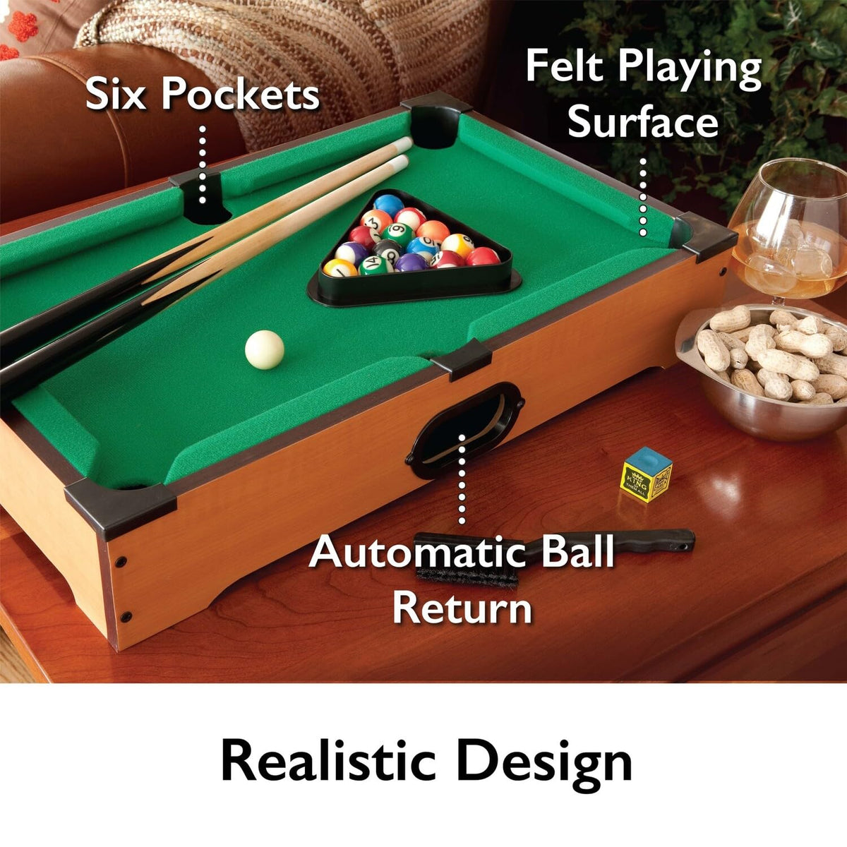 Elevate your game nights with the Mainstreet Classics Miniature Billiard Game, featuring a realistic design and automatic ball return. Perfect for entertainment at home. Available at Curat Cart.
