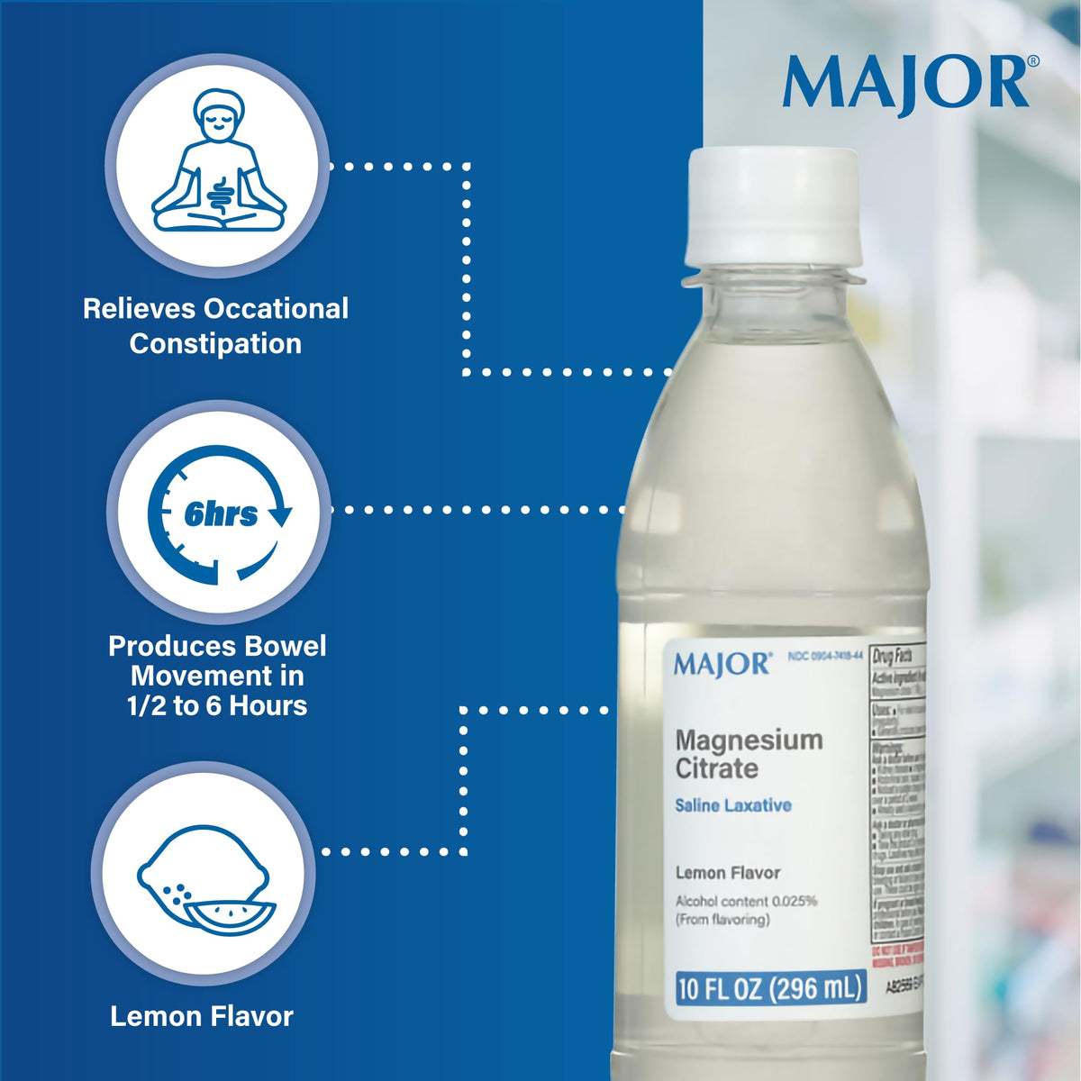Premium imported Major Magnesium Citrate Laxative, lemon flavor, relieves constipation within 6 hours.