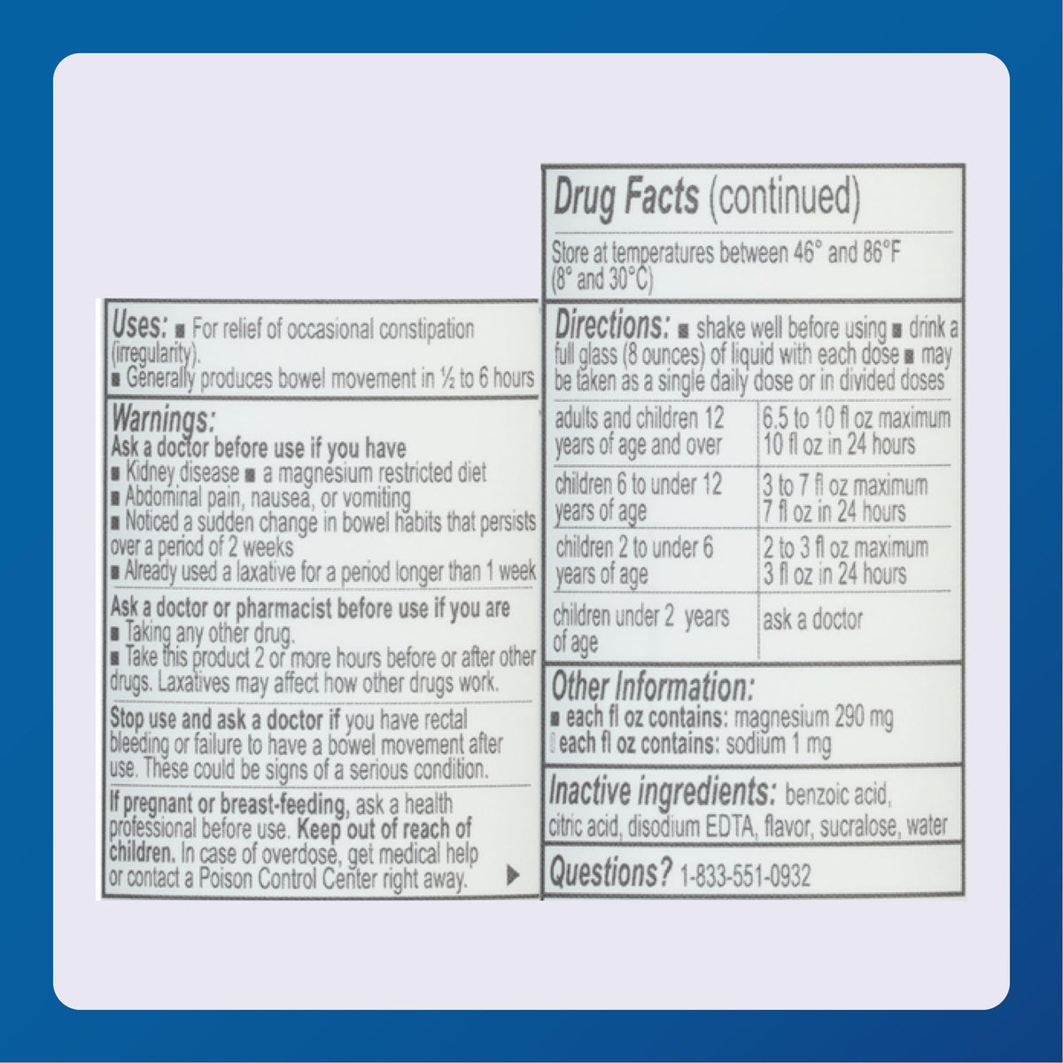 Official Major Magnesium Citrate Laxative label detailing ingredients, uses, and dosage instructions for safe consumption.