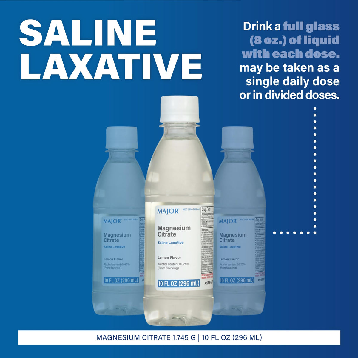 Official Major Magnesium Citrate Laxative in lemon flavor, 10 fl oz bottle, with usage instructions prominently displayed.