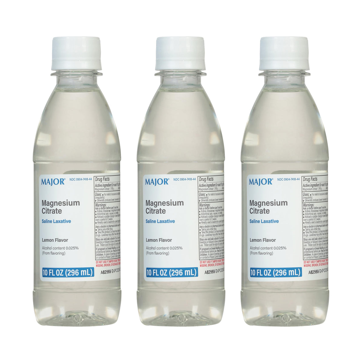 Authentic Major Magnesium Citrate Laxative, lemon flavor, three 10 fl oz bottles for effective relief.