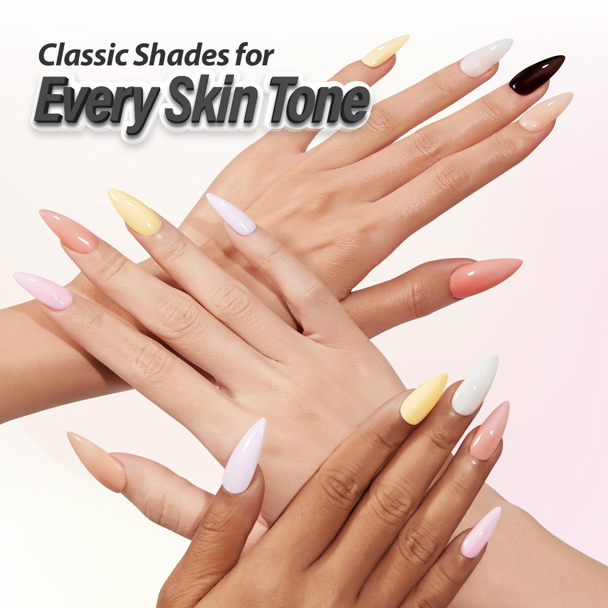 Showcasing five hands with different nail shades, highlighting Makartt Milky Pink Gel. Perfect for every skin tone.