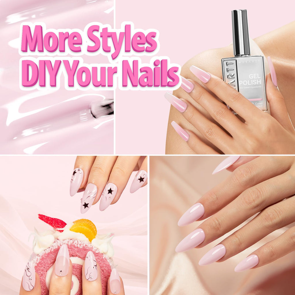 Explore the Makartt Milky Pink Gel Nail Polish, showcasing stylish manicures and glossy finish for DIY nails.