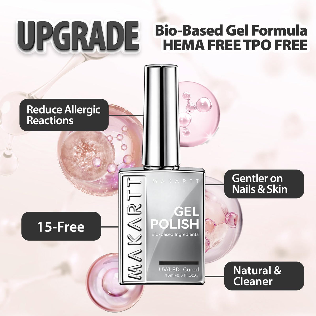 Makartt Milky Pink Gel Nail Polish 15ML features bio-based gel formula, gentle on nails and skin, and reduces allergic reactions.